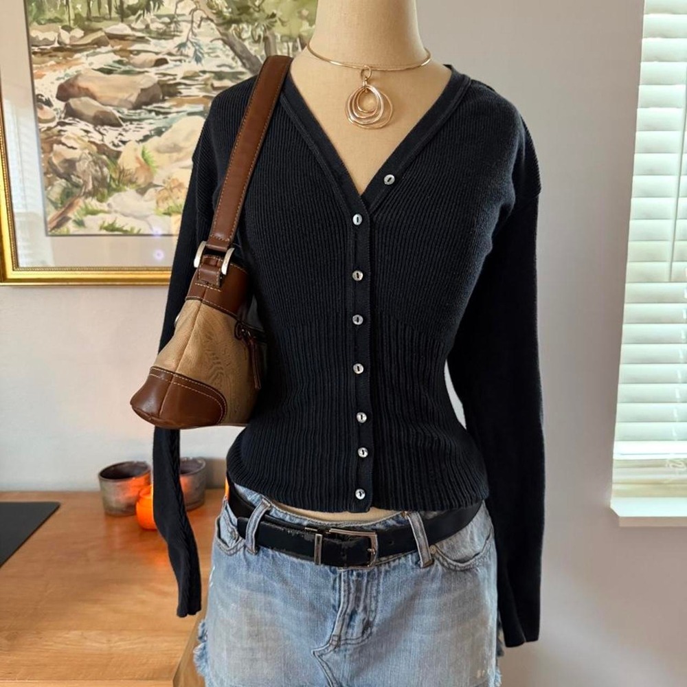 Faded black button up cardigan with fitted waist